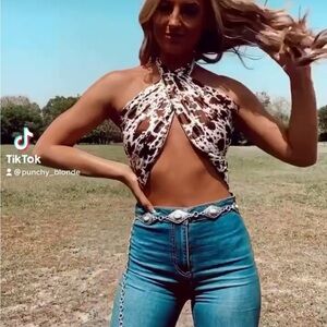 Brown and White Sleeveless Crop Top with Cut Out Tie Front